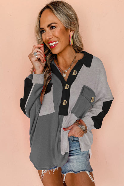 Gray Colorblock Patchwork Ribbed Oversized Henley Sweatshirt