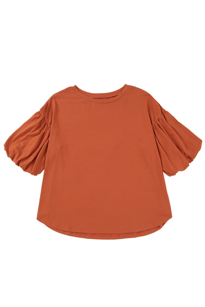 Orange Solid Color Casual Bishop Sleeve Blouse