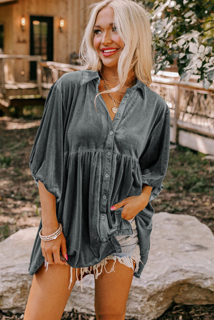 Chestnut Lantern Sleeve Tunic Babydoll Velvet Shirt