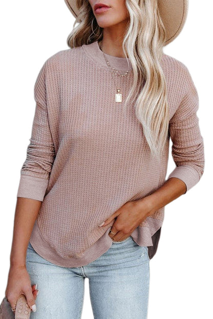 Pink Waffle Knit Crew Neck Casual Long Sleeve Top