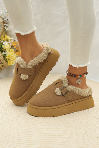 Brown Plush Patched Buckle Decor Thick Sole Thermal Slippers