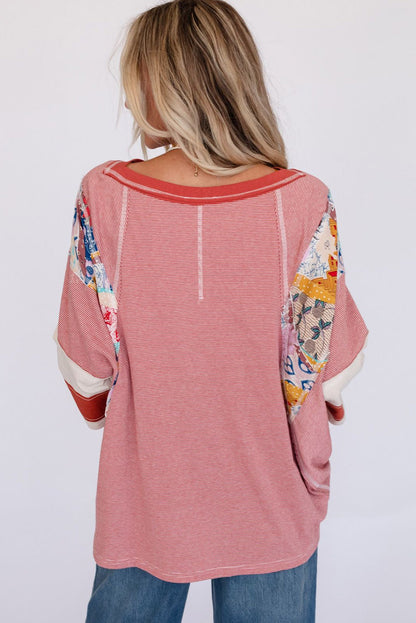 Sky Blue Striped and Floral Patchwork Oversized Top