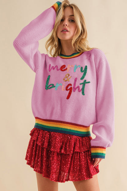 White Glitter Merry & Bright Rainbow Striped Trim Sweater