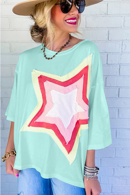 Light Pink Colorblock Star Patched Half Sleeve Oversized Tee