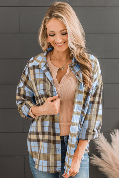 Pink Drop Shoulder Rounded Hem Plaid Pattern Shirt