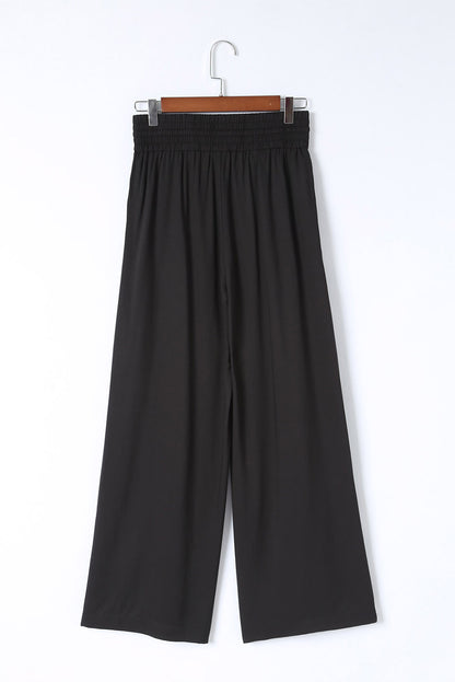 Black Casual Drawstring Shirred Elastic Waist Wide Leg Pants