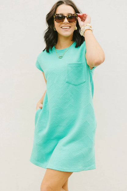 Mint Green Plain Textured Pocketed Mini Dress