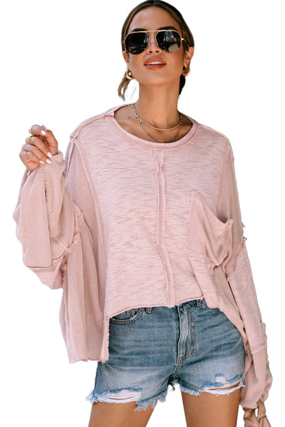 Green Splicing Long Sleeve Pocketed Oversized Top