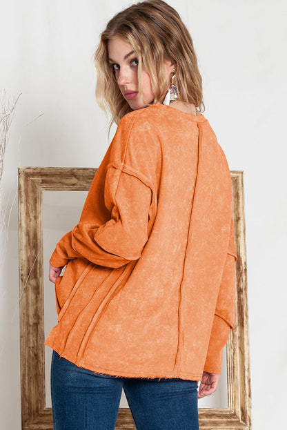 Orange Patchwork Long Sleeve Distress Pullover Top