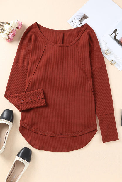 Red Waffle Knit Patchwork Casual Long Sleeve Top