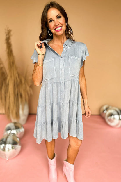 Light Grey Mineral Washed Ruffle Sleeve Tiered Chambray Dress