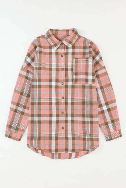 Pink Drop Shoulder Rounded Hem Plaid Pattern Shirt