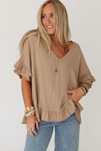 Light Beige Loose Ruffle Trim V Neck Blouse