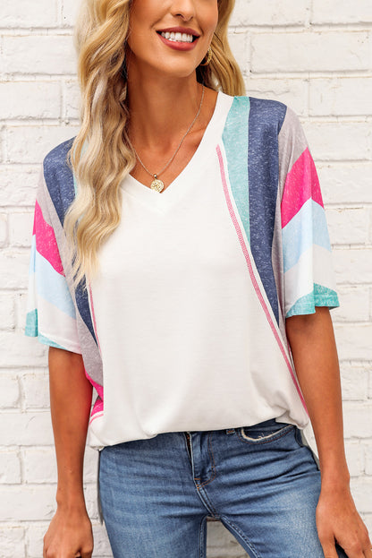 Pink Stripe Patchwork V Neck T Shirt