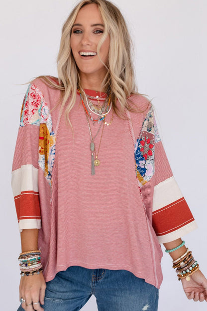 Sky Blue Striped and Floral Patchwork Oversized Top