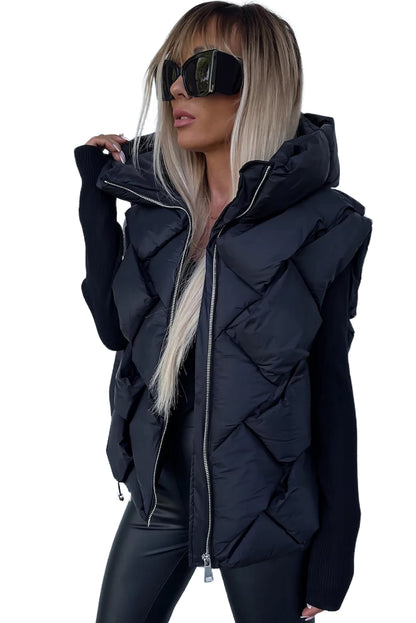 Black Quilted Zipper Front Thermal Hooded Vest Coat