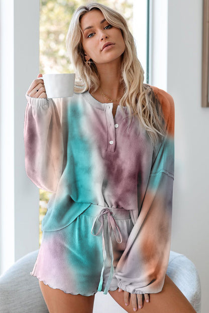 Multicolor Tie Dye Top & Drawstring Shorts Loungewear Set