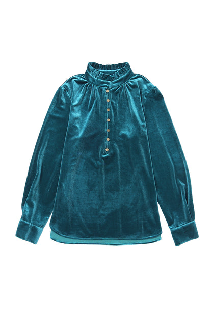 Navy Blue Frilled Buttoned V Neck Velvet Blouse