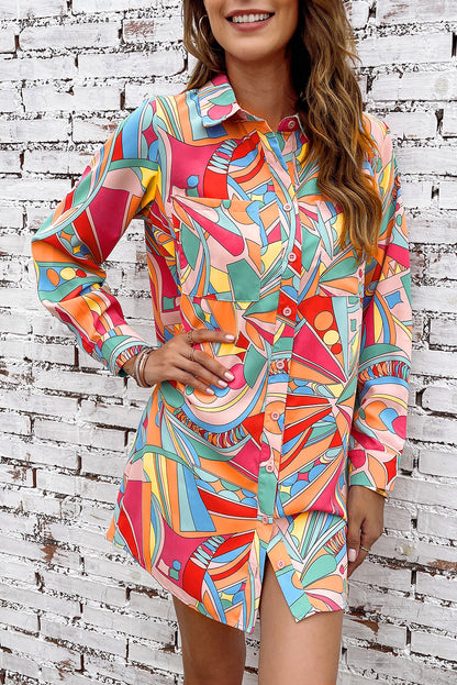 Multicolor Geometric Abstract Print Long Sleeve Shirt Dress