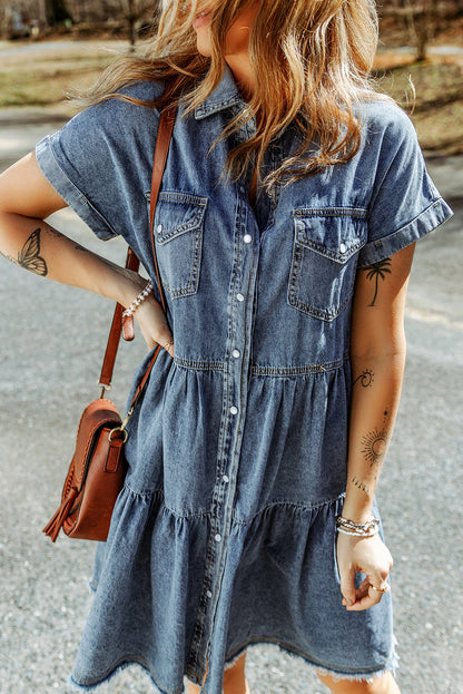 Gray Button Up Short Sleeve Denim Shirt Dress