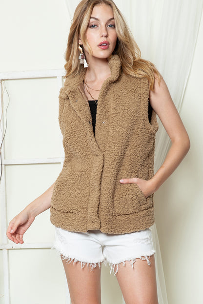 Green Snap Button Collared Stand Neck Sherpa Vest