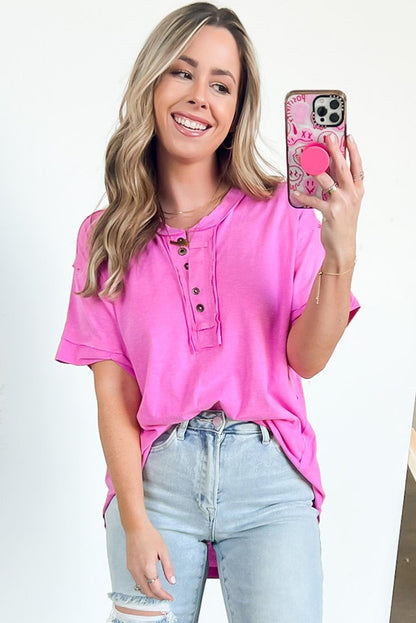 Rose Solid Button Short Sleeve Henley Top