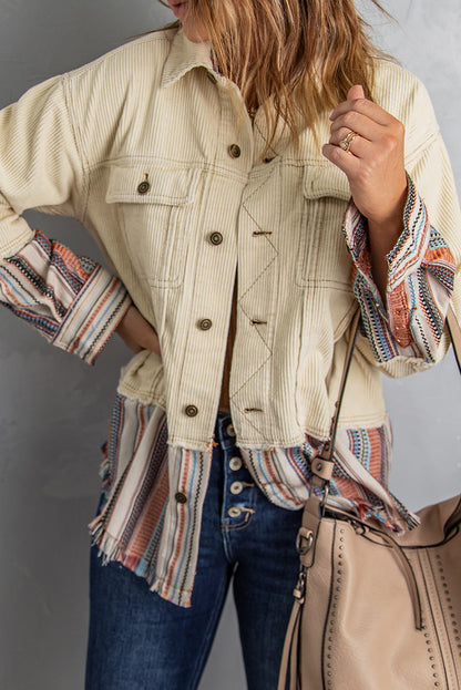 Beige Button Up Pockets Striped Color Block Corduroy Jacket