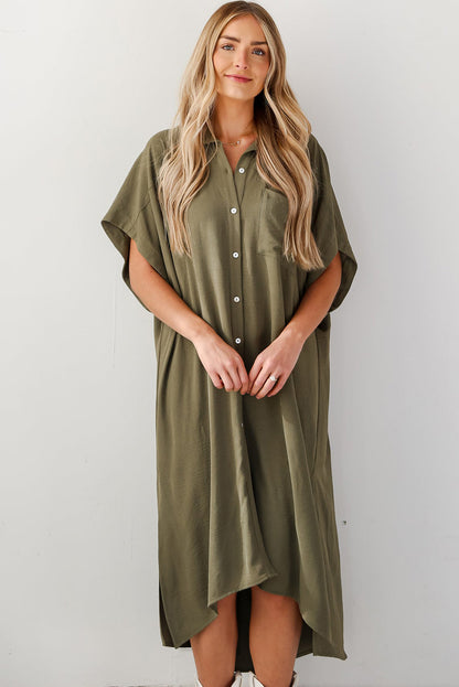 Jungle Green Loose High Low Side Slits Short Sleeve Shirt Dress