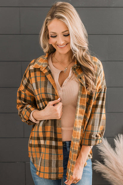 Pink Drop Shoulder Rounded Hem Plaid Pattern Shirt