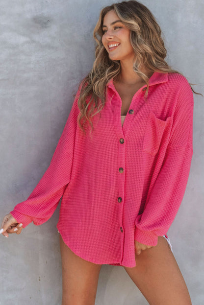 Hot Pink Pocket Buttons Front Waffle Knit Top