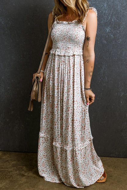 White Floral Print Lace Frilly Straps Shirred Maxi Dress