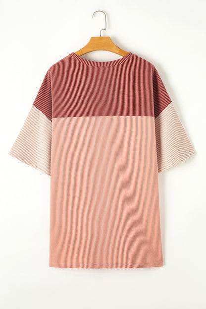 Rose Pink Plus Size Drop Sleeve Colorblock Ribbed T-shirt