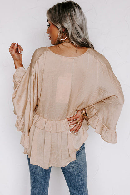 V Neck Draped Batwing Sleeve Ruffle Top