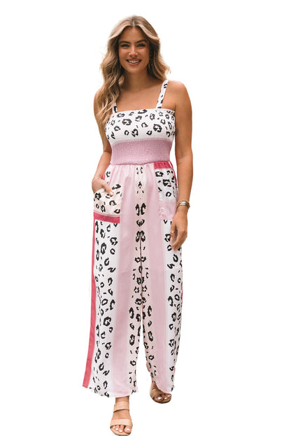 Leopard Color Block Mix Print Pocketed Jumpsuit