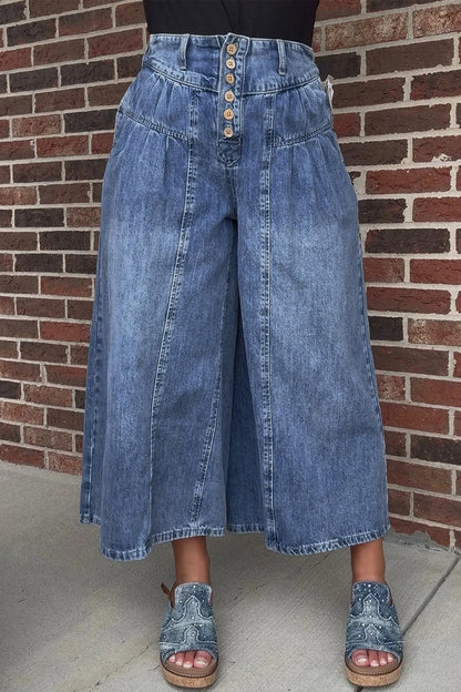 Dusk Blue High Rise Buttons Pleated Cropped Wide Leg Denim Pants