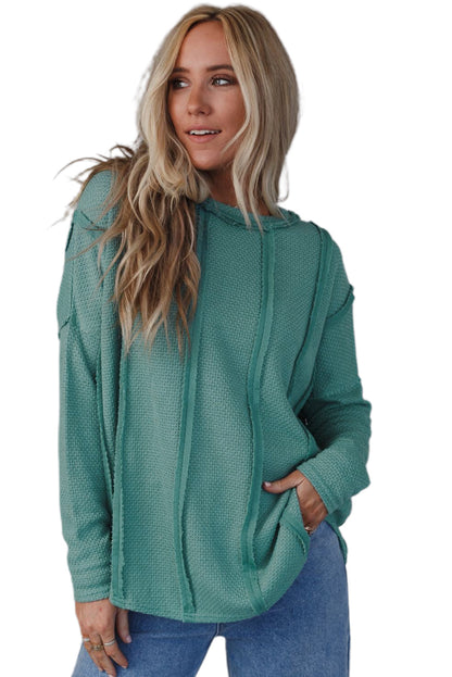 Green Exposed Seam Waffle Knit Loose Top