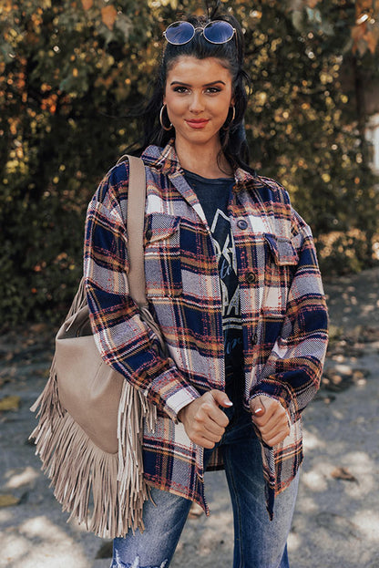 Dark Red Plaid Oversized Flap Pockets Shacket with Slits