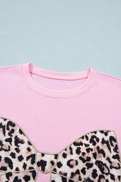 Black Leopard Bow Embroidered Cotton Round Neck T Shirt