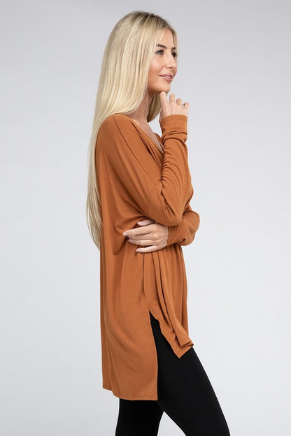 Dolman Long Sleeve V-Neck Side Slit Hi-Low Hem Top