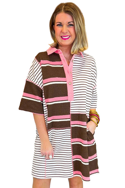 Brown Striped Textured Patchwork Buttoned T Shirt Dress