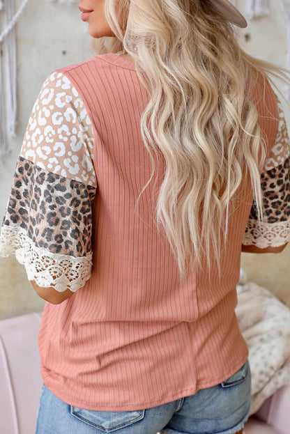 Pink Rib-Knit Leopard Lace Splicing Sleeve Patchwork Summer Top