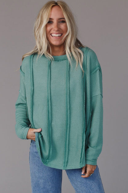 Green Exposed Seam Waffle Knit Loose Top