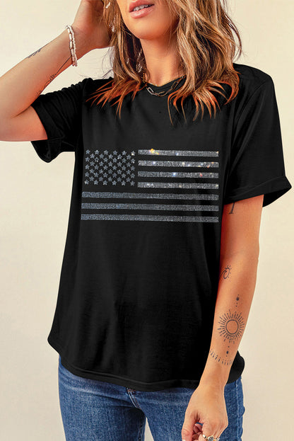 Rhinestone US Flag Round Neck Short Sleeve T-Shirt