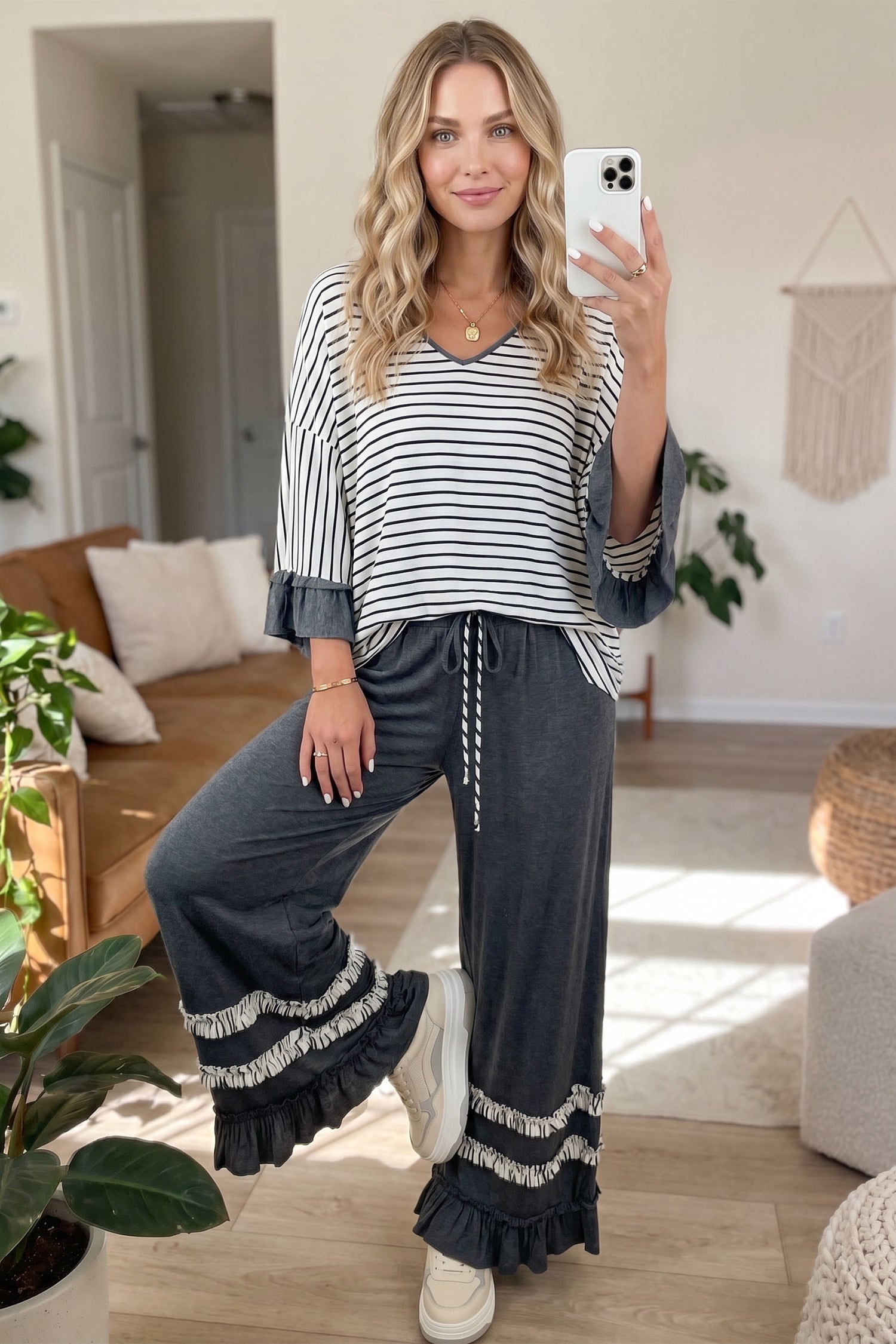Gray Stripe V Neck Ruffle Contrast Sleeve Top Drawstring Pants 2pcs Set