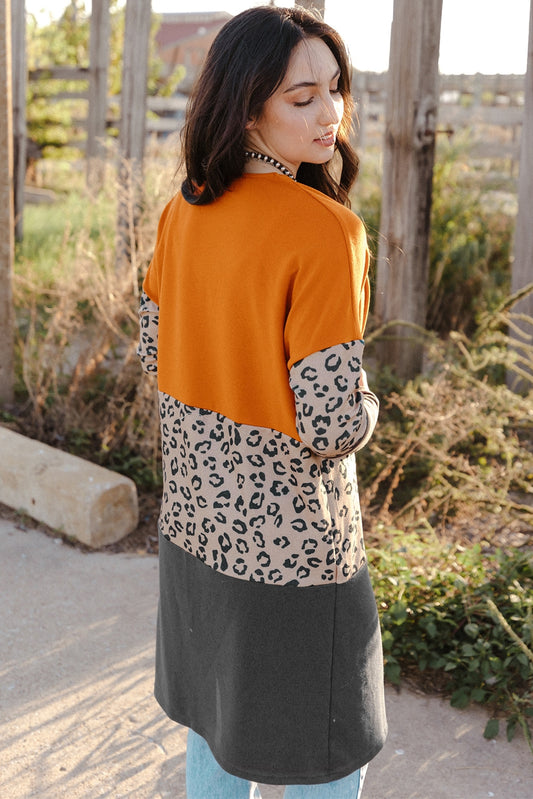 Orange Leopard Print Colorblock Patchwork Knit Cardigan