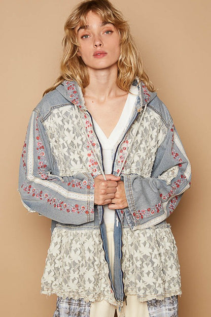 POL Embroidered Lace Patch Zip Up Hooded Jacket