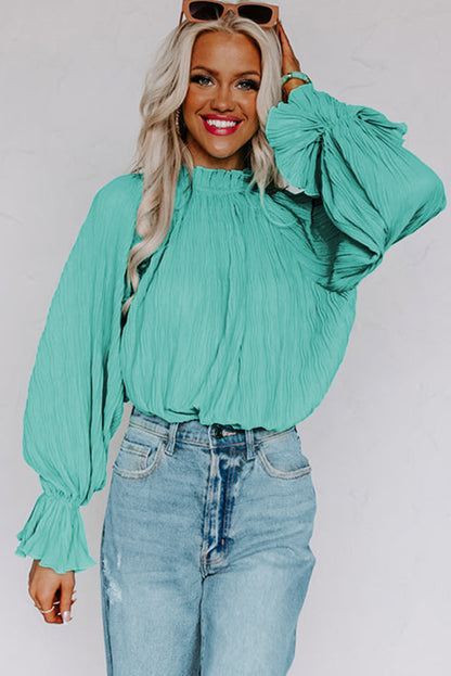 Green Striking Pleated Flared Cuff Long Sleeve Blouse