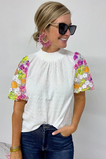 White Smocked Neck Sequin Flower Puff Sleeve Textured Top