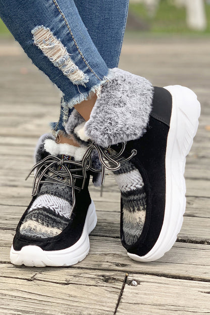 Black Striped Raw Hem Patchwork Lace Up Sneakers