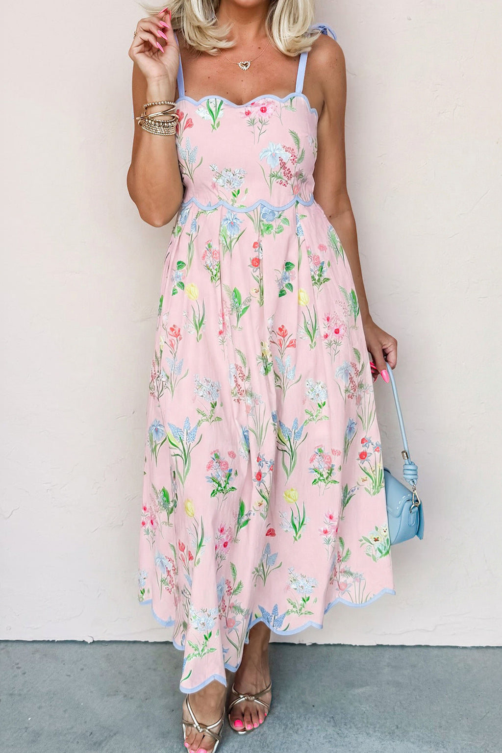 Yellow Floral Print Contrast Trim Self-tie Straps High Waist Midi Dress